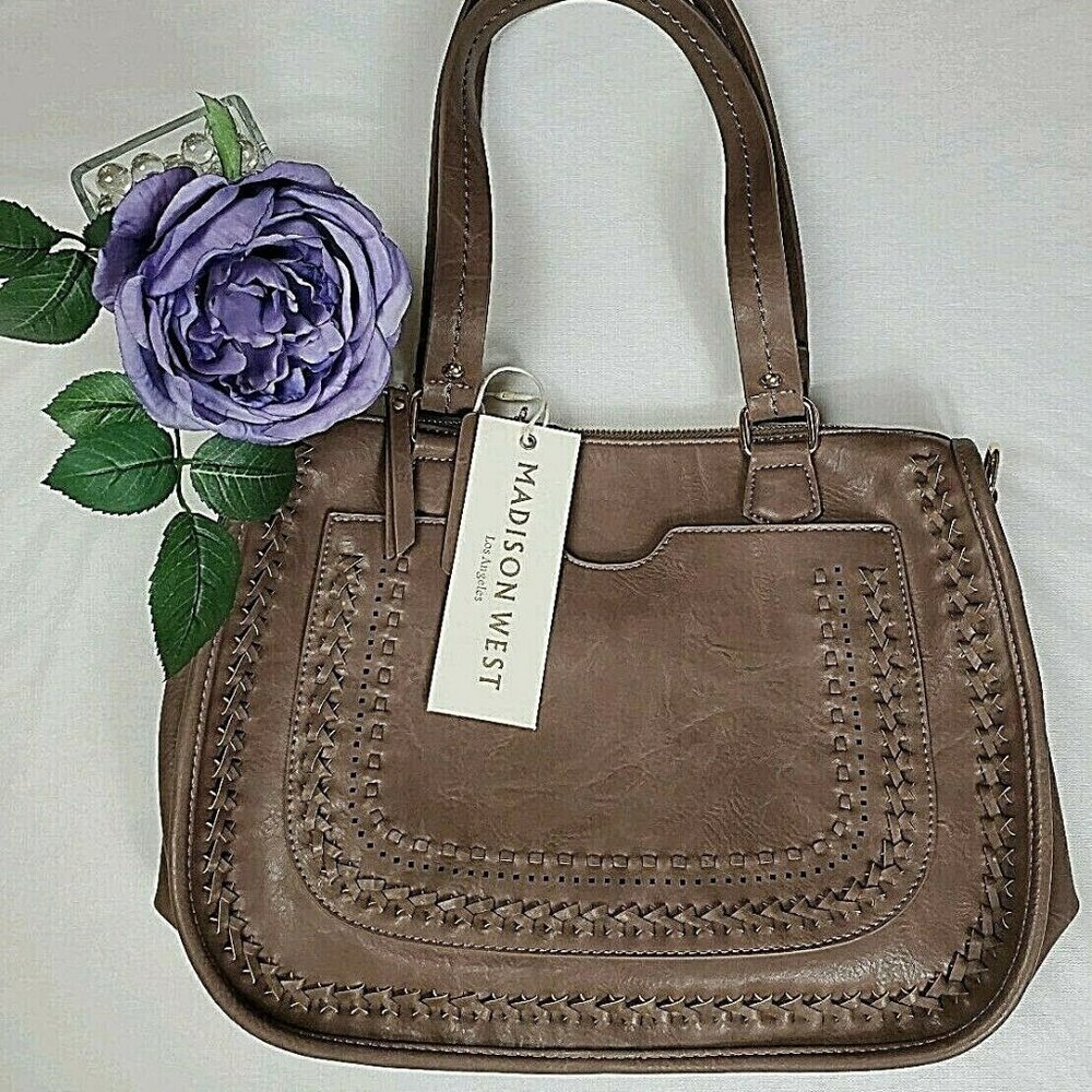 Madison West Women's Handbag Taupe Braided